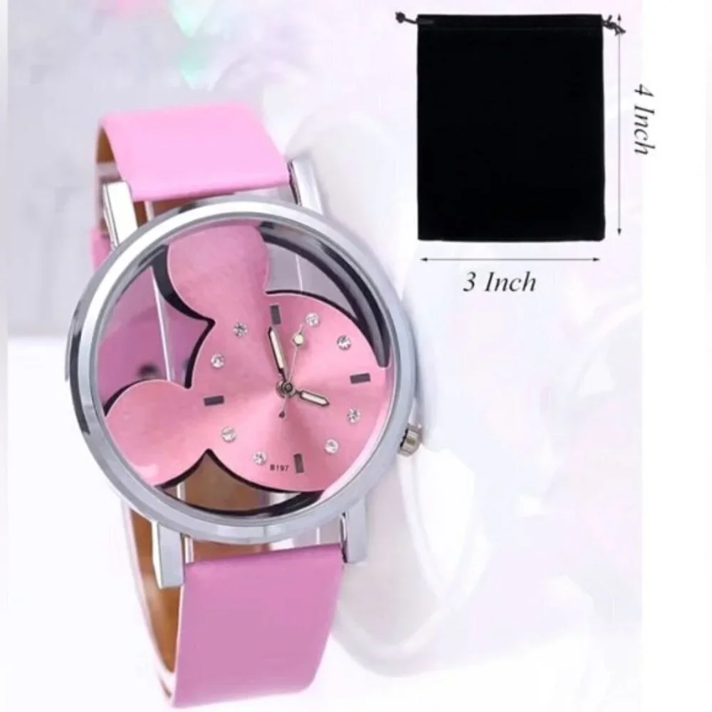 Minnie Mouse Watch Clear Face Quartz Adjustable Band Barbie Pink One Size